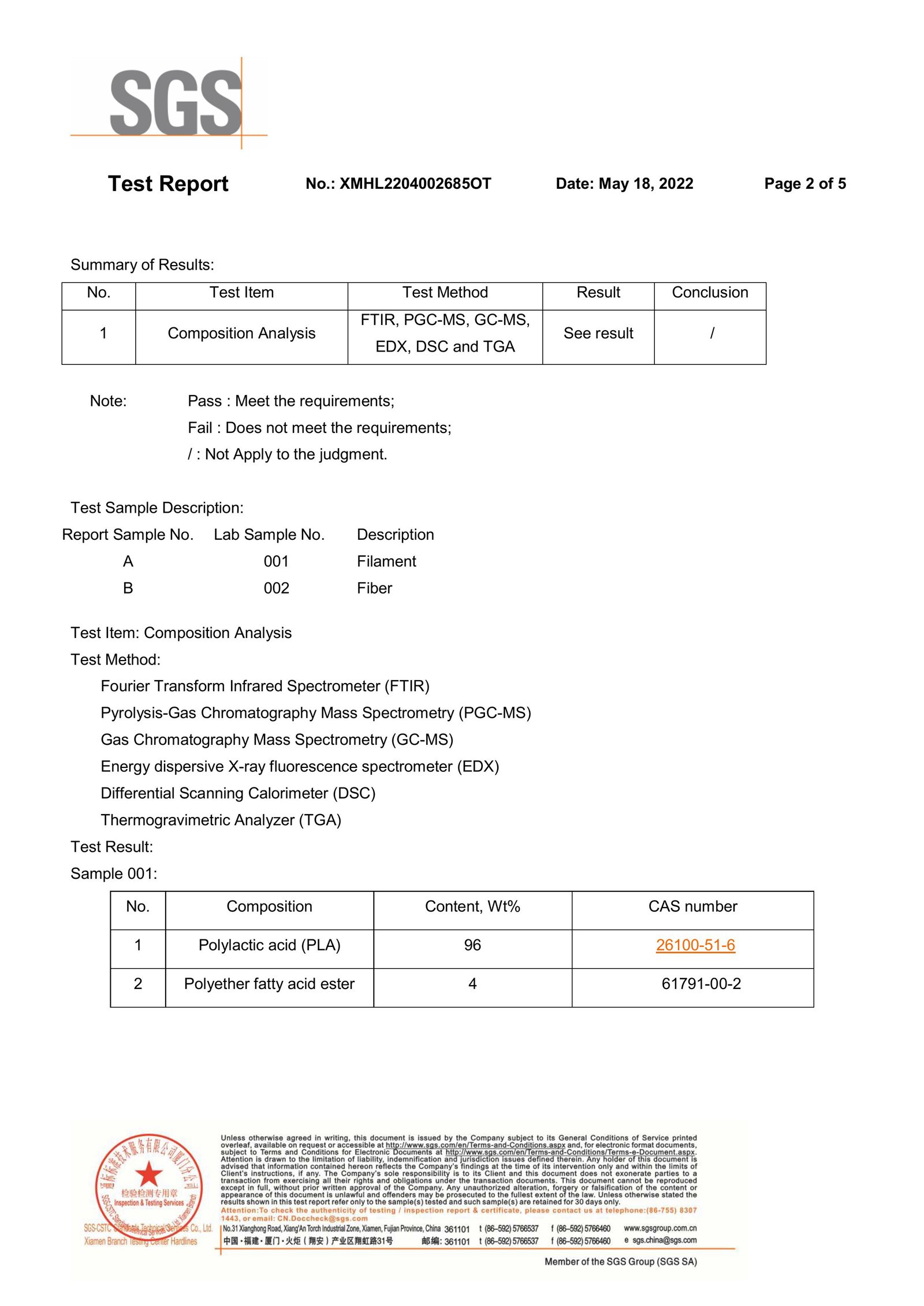 SGS TEST REPORT FOR PURE PLA FILAMENT AND PLA FIBER--1 SGS TEST REPORT FOR PURE PLA FILAMENT AND PLA FIBER--1